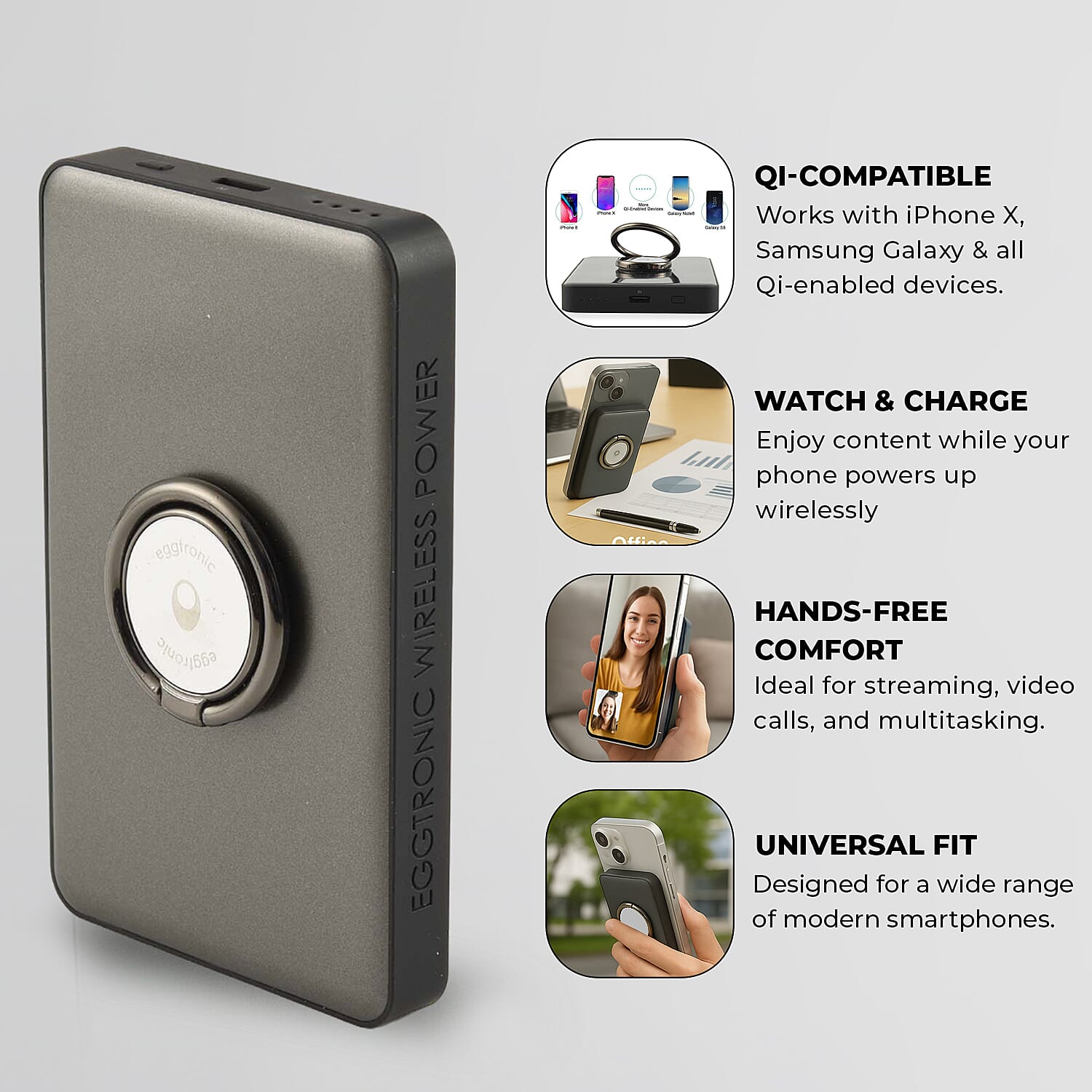 Wireless Power Ring Ultra-Fast 1,500mAh Slim Battery Pack With Phone ring Holder