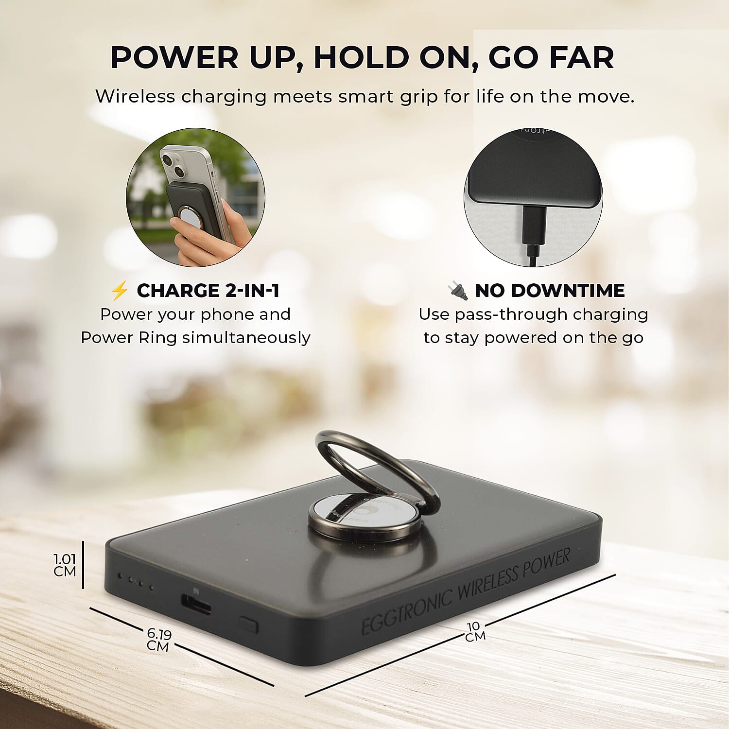 Wireless Power Ring Ultra-Fast 1,500mAh Slim Battery Pack With Phone ring Holder