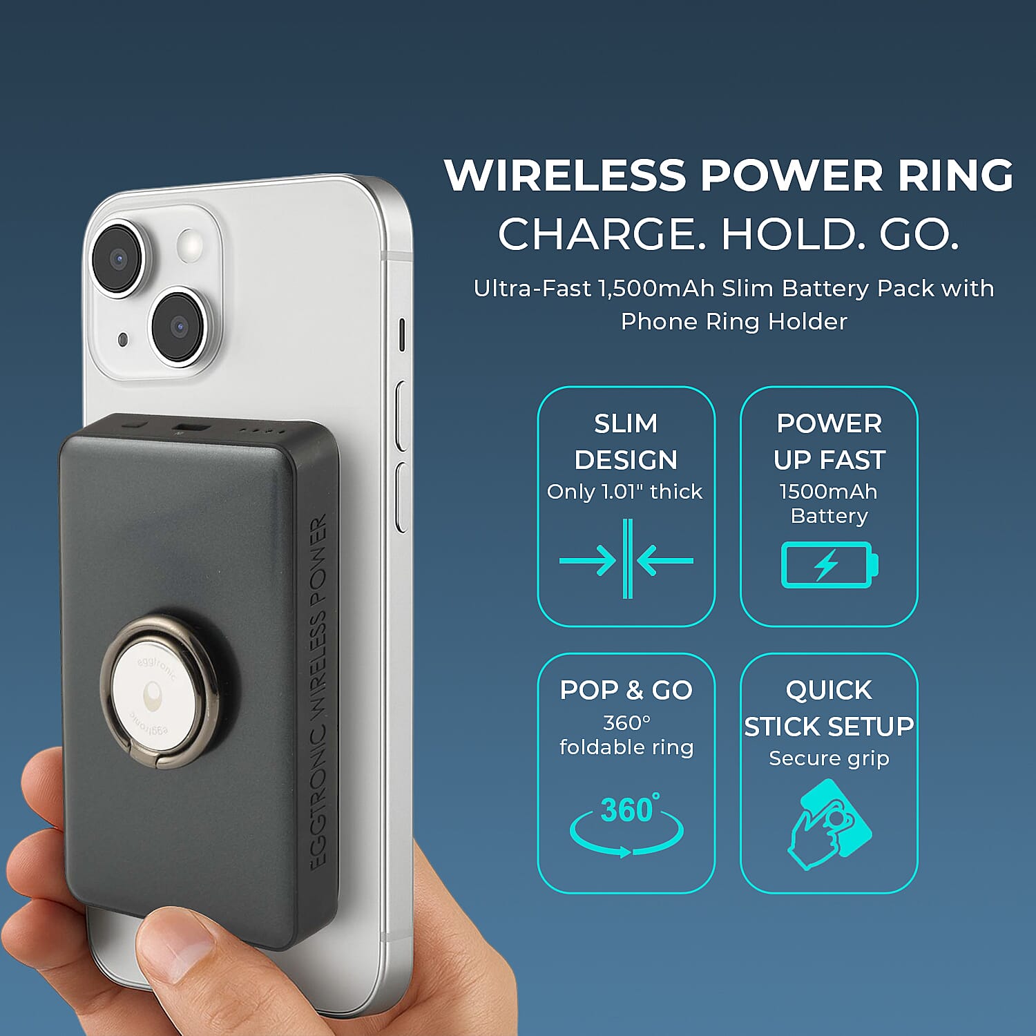 Wireless Power Ring Ultra-Fast 1500mAh Slim Battery Pack With Phone ring Holder -  Black