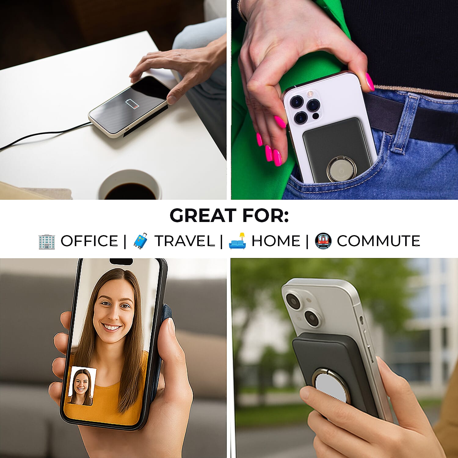 Wireless Power Ring Ultra-Fast 1500mAh Slim Battery Pack With Phone ring Holder -  Black