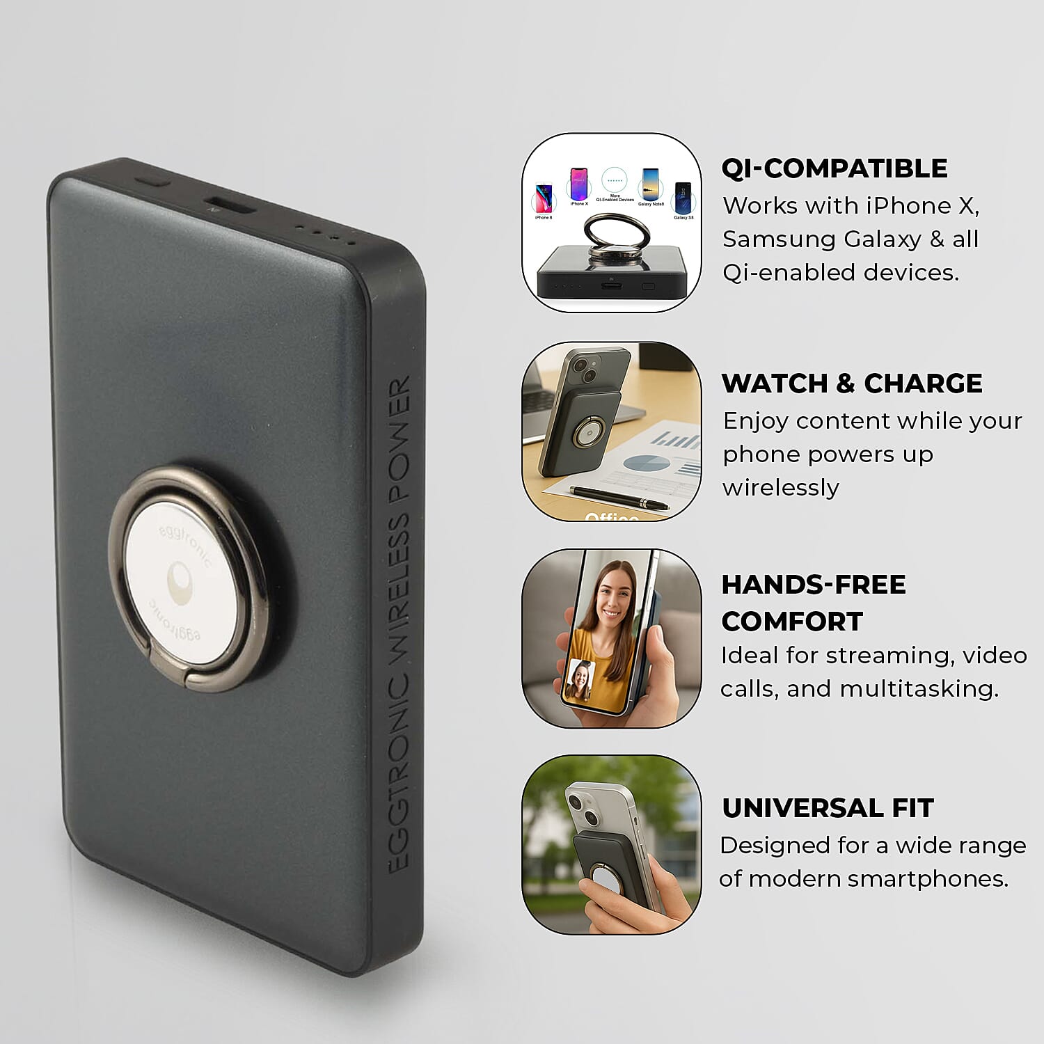 Wireless Power Ring Ultra-Fast 1500mAh Slim Battery Pack With Phone ring Holder -  Black