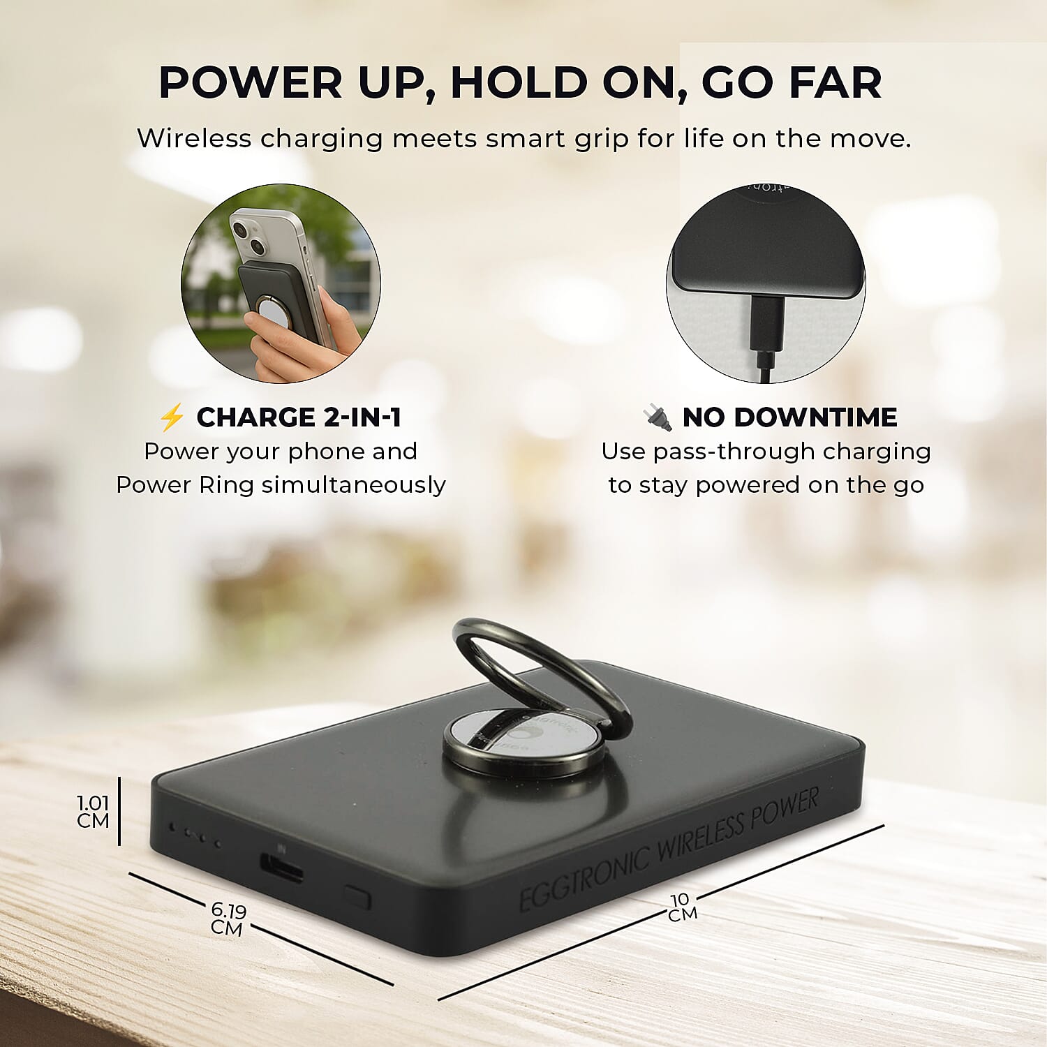 Wireless Power Ring Ultra-Fast 1500mAh Slim Battery Pack With Phone ring Holder -  Black