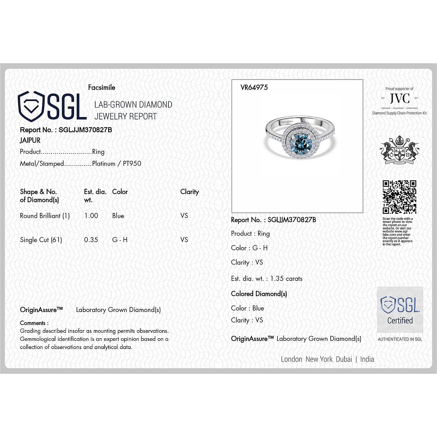 Luxuriant - 950 Platinum SGL Certified Lab Grown Blue Diamond (VS-GH) Ring 1.35 Ct, Platinum Wt. 5.32 Gms.