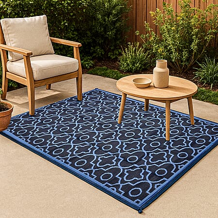 Closeout Deal- Reversible Outdoor Rug with Moroccan Quatrefoil Pattern (Size 243x152 cm) - Blue - Black