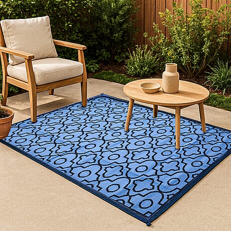 Polypropylene Patterned Rug and Door Mat (Size 152x1 cm) - Black & Blue