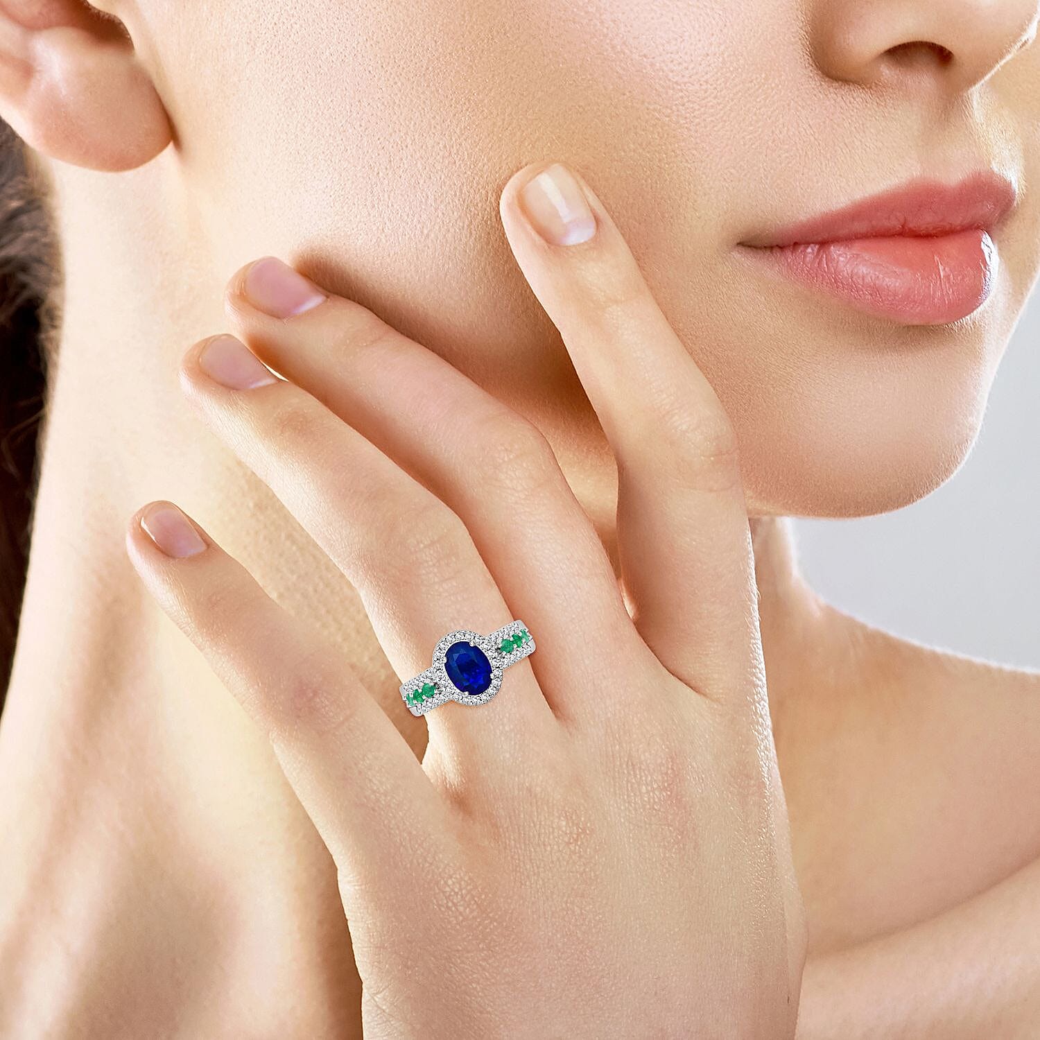 Premium Vietnamese Cobalt Blue Spinel, Emerald & White Zircon Ring in Rhodium Overlay Sterling Silver 2.20 Ct.