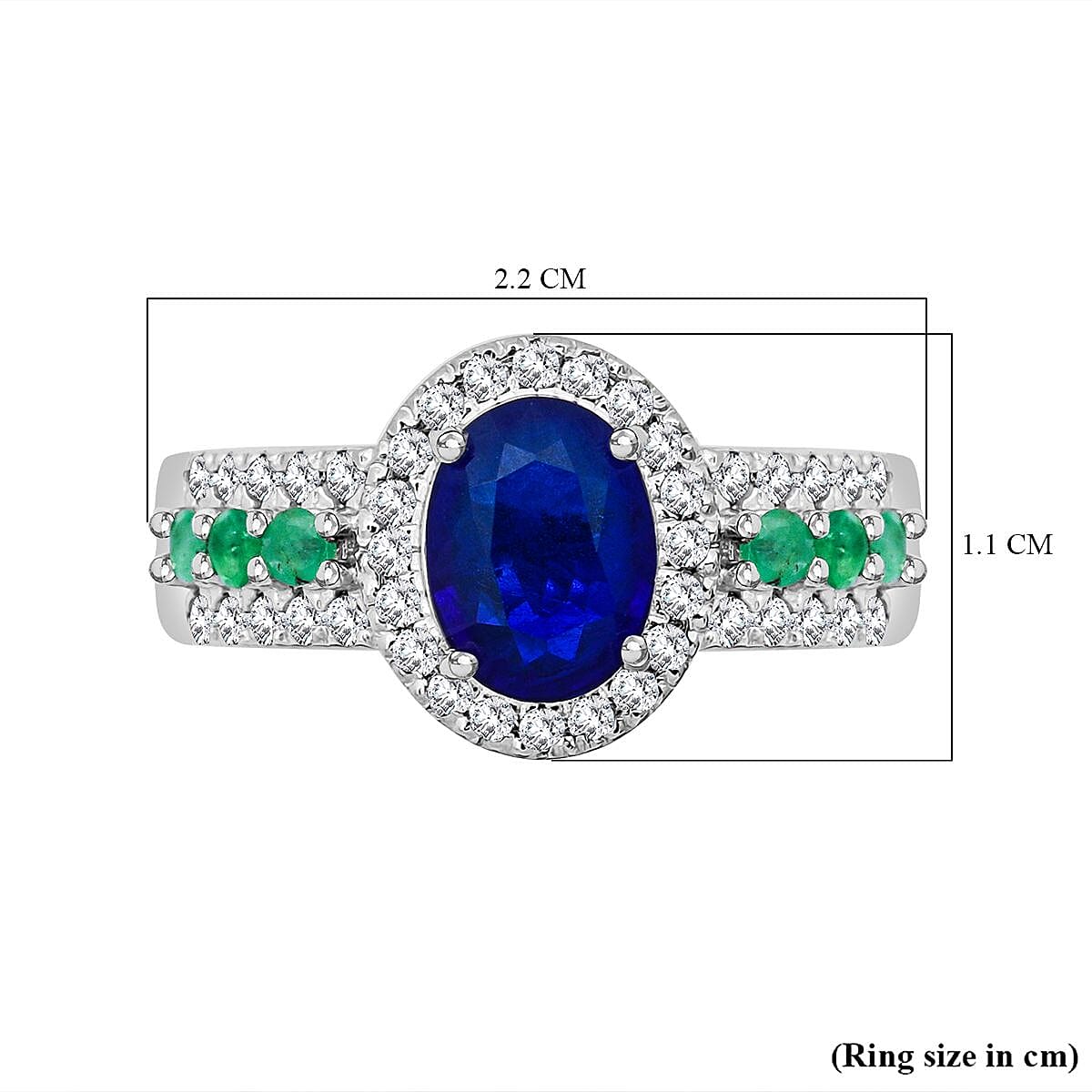 Premium Vietnamese Cobalt Blue Spinel, Emerald & White Zircon Ring in Rhodium Overlay Sterling Silver 2.20 Ct.