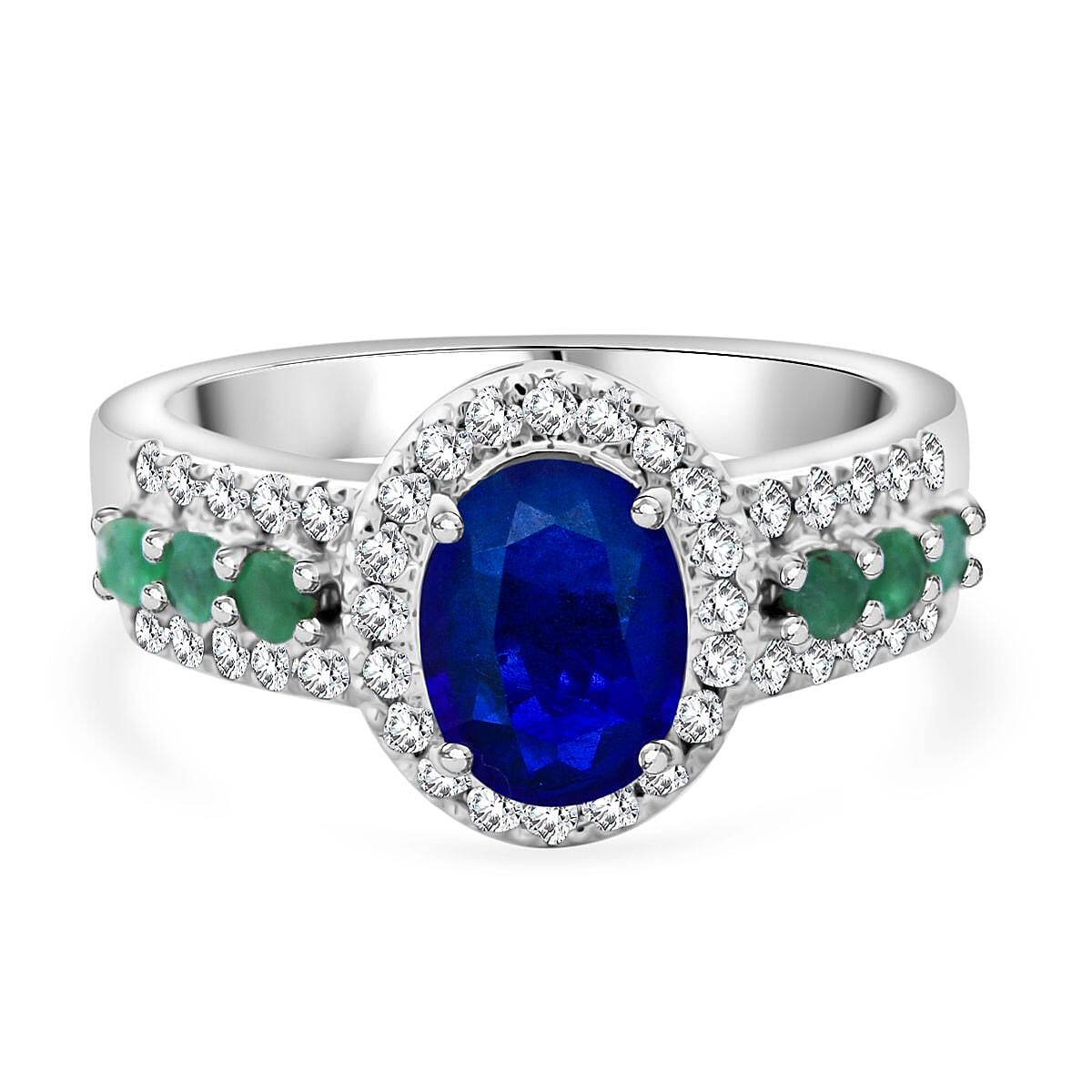 Premium Vietnamese Cobalt Blue Spinel, Emerald & White Zircon Halo Ring in Rhodium Overlay Sterling Silver 2.20 Ct.