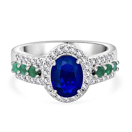 Premium Vietnamese Cobalt Blue Spinel, Emerald & White Zircon Halo Ring in Rhodium Overlay Sterling Silver 2.20 Ct.