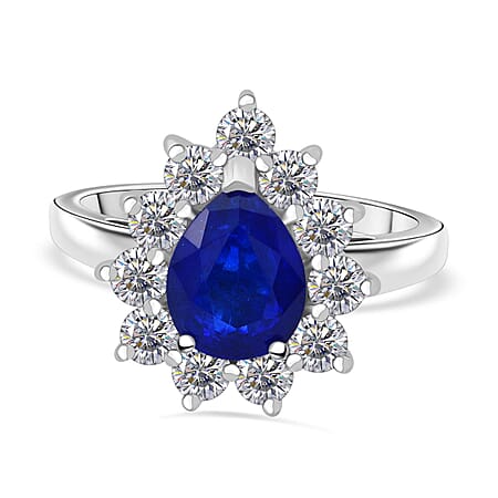 2.65 Ct. Blue Spinel, Moissanite Halo Ring in Rhodium Overlay Sterling Silver