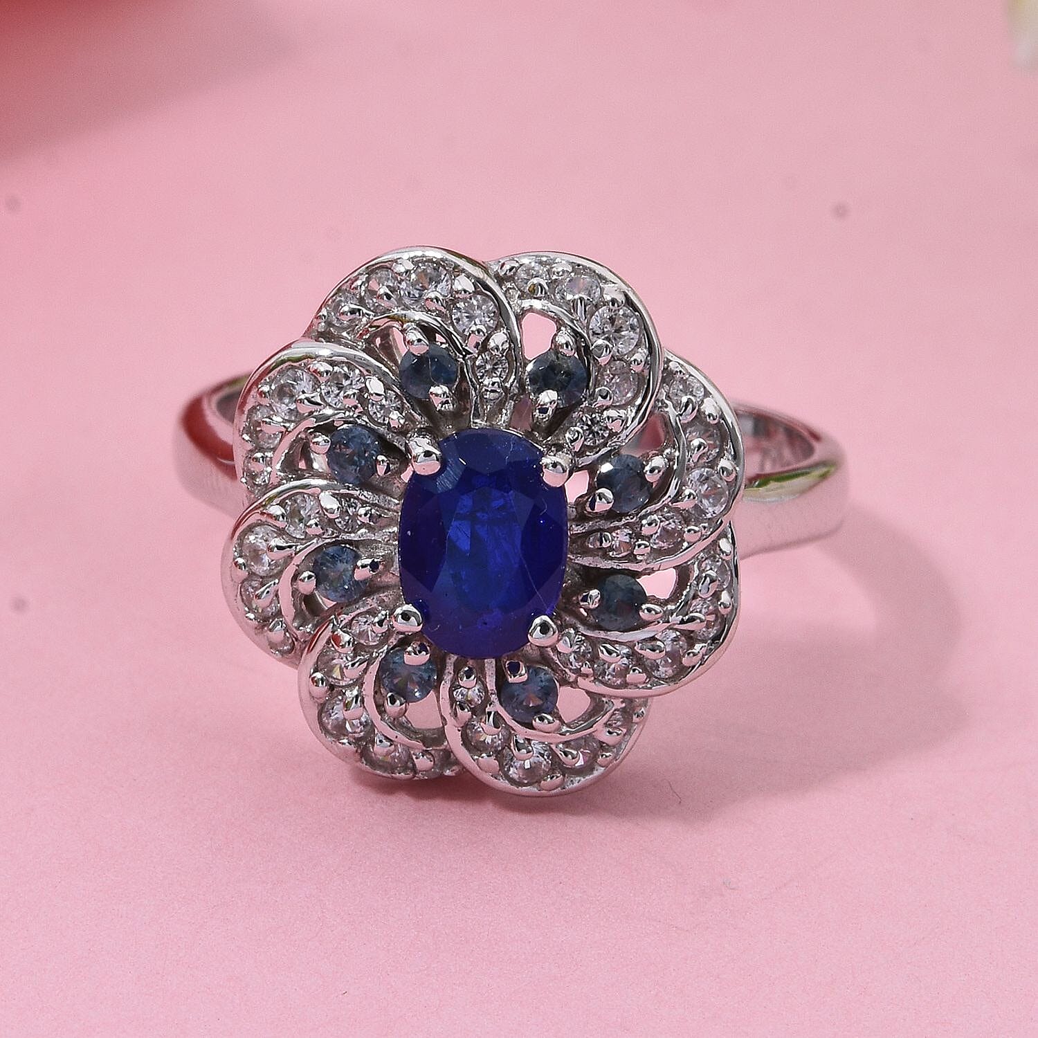 Premium Vietnamese Cobalt Blue Spinel, White Zircon & Ceylon Sapphire Ring in Rhodium Overlay Sterling Silver 1.62 Ct.