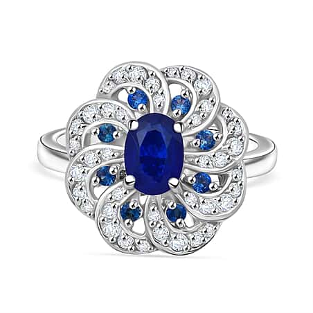 Premium Vietnamese Cobalt Blue Spinel, White Zircon & Ceylon Sapphire Floral Ring in Rhodium Overlay Sterling Silver 1.62 Ct.