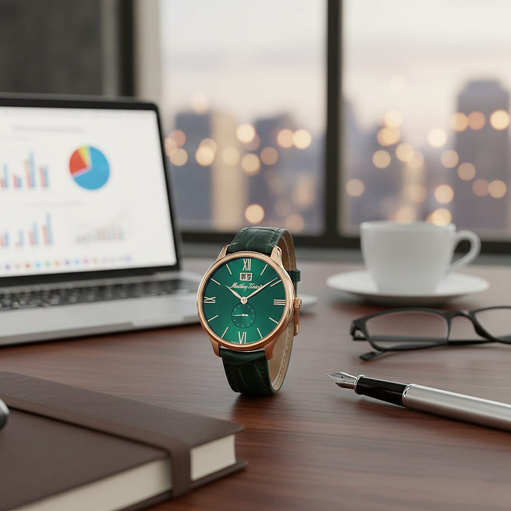 Mathey Tissot Edmond Ronda Movt. 5ATM WR Green Dial Mens Watch with Green Leather Strap