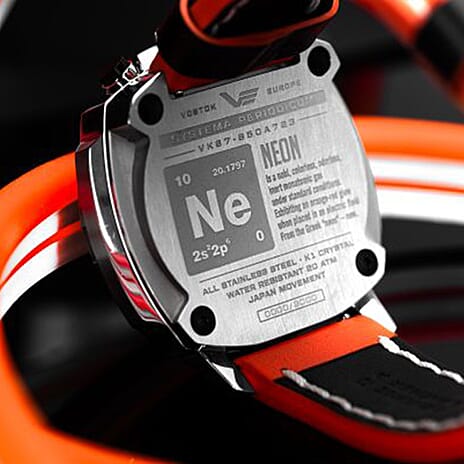 VOSTOK EUROPE Systema Periodicum Neon 20ATM WR Mens Watch with Orange Leather Strap