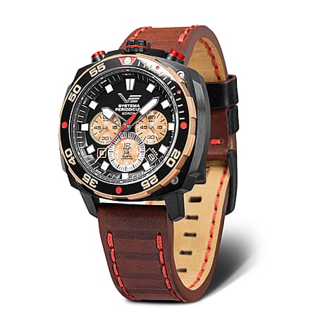 VOSTOK EUROPE Systema Periodicum Boron 20ATM WR Black Dial Mens Watch with Brown Leather Strap