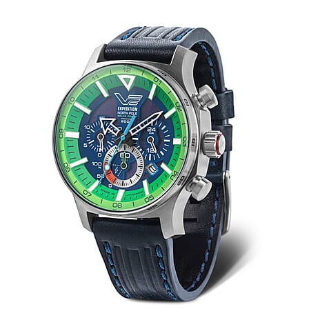 VOSTOK EUROPE Expedition Solar Polar Spruce 20ATM WR Green - Blue Dial Mens Watch with Blue Leather Strap