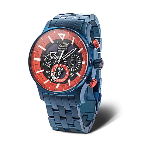 VOSTOK EUROPE Expedition Solar Polar Spruce 20ATM WR Black - Red Dial Mens Watch with Blue Colour Stainless Steel  Bracelet VR42-595D734-L