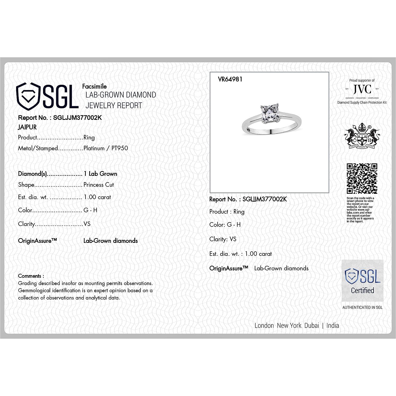 Luxuriant - 950 Platinum SGL Certified (VS-GH) Lab Grown Diamond Solitaire Ring 1.00 Ct.