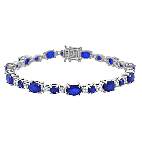 Blue Spinel & White Zircon Bracelet (Size - 7.5) with GB Lock Box in Rhodium Overlay Sterling Silver 14.80 Ct, Silver Wt. 9.96 Gms.