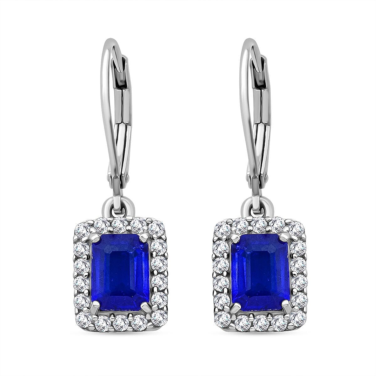 Premium Vietnamese Cobalt Blue Spinel & White Zircon Earring With Lever Back in Rhodium Overlay Sterling Silver 2.86 Ct.