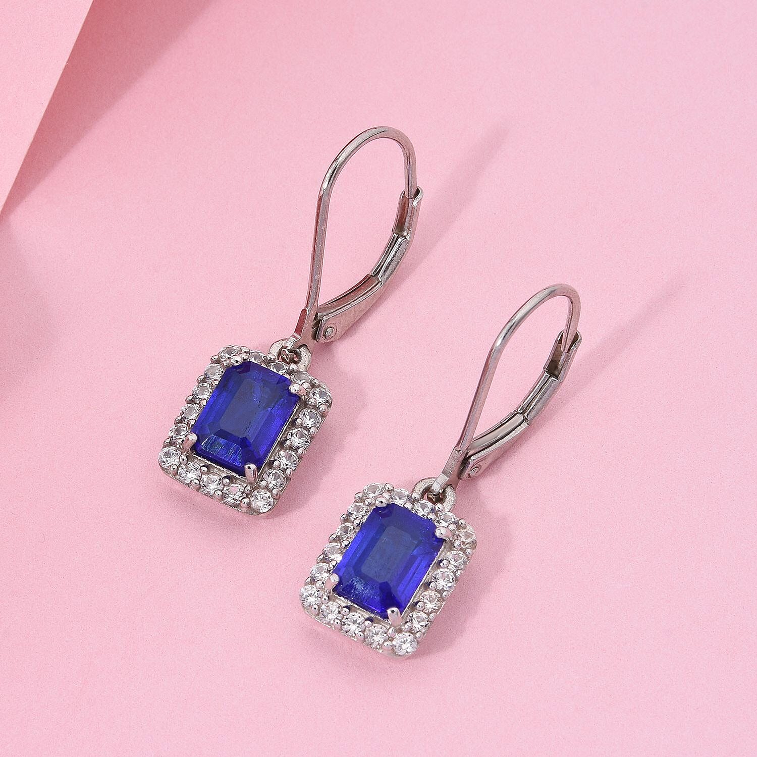 Premium Vietnamese Cobalt Blue Spinel & White Zircon Earring With Lever Back in Rhodium Overlay Sterling Silver 2.86 Ct.