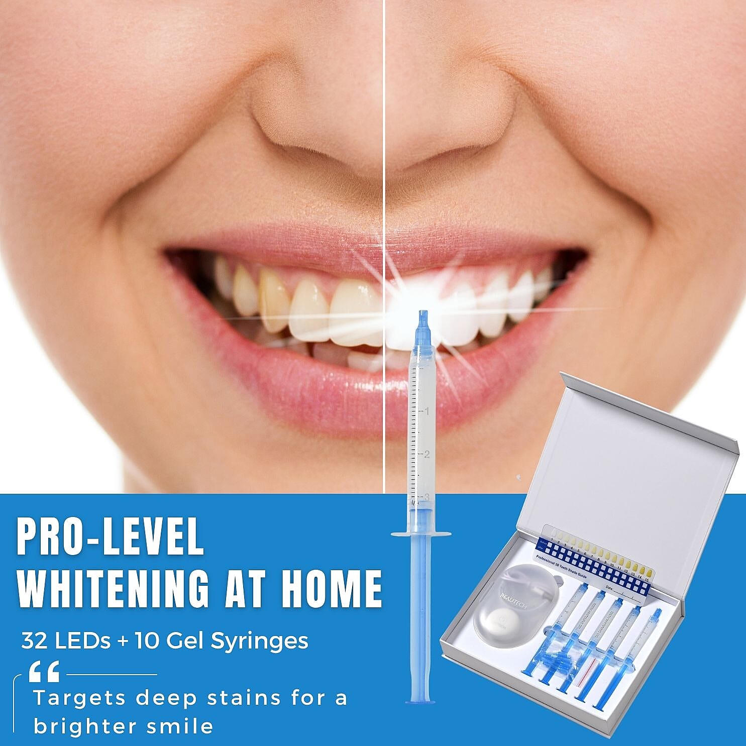 Beautech Professional LED Teeth Whitening Kit - 32 LEDs, 3 Light Modes, 10 Gel Syringes, USB Charging, 16-Min Timer