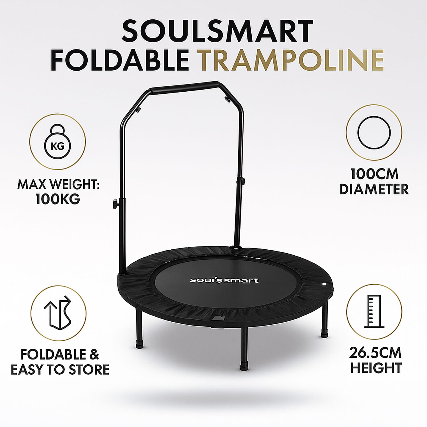 Soulsmart Foldable Trampoline - Max weight 100Kg, 100cm dia x 26.5 HeightBlack