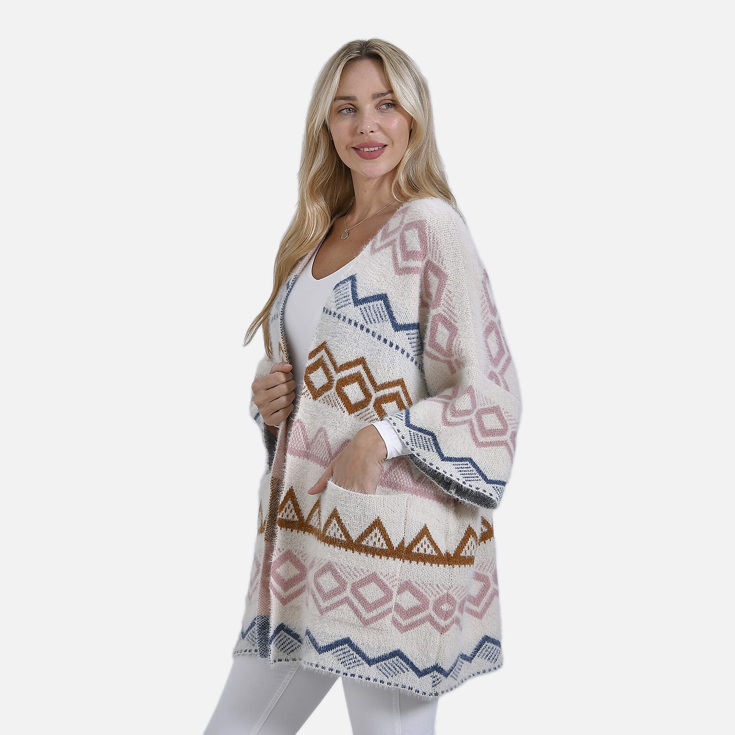 Designer Inspired - La Marey Fuzzy Aztec Pattern Cardigan (OneSize) - Pink