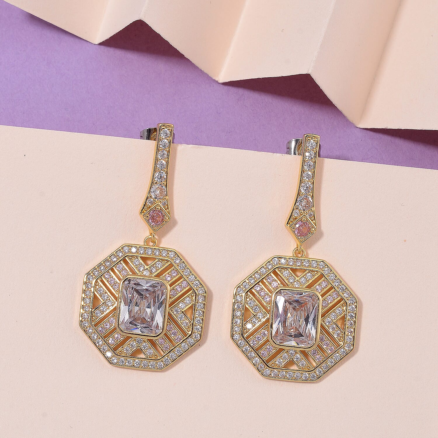 Vintage Boutique Collection - White & Pink Cubic Zirconia Earrings with Push Back