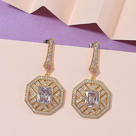 Vintage Boutique Collection - White & Pink Cubic Zirconia Earrings with Push Back in Yellow Gold Tone 2.40 Ct.