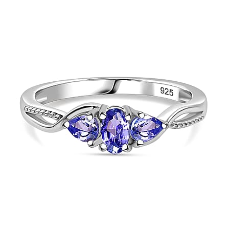 Tanzanite 3-Stone Ring in Rhodium Overlay Sterling Silver 0.57 Cts.