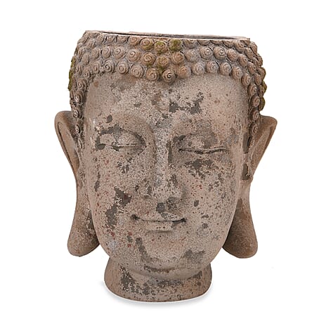 Antiqued Serene Buddha Face Plant Pot - Garden Decoration (17.5x17x20cm) Brown