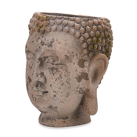 Antiqued Serene Buddha Face Plant Pot - Garden Decoration (17.5x17x20cm) Brown