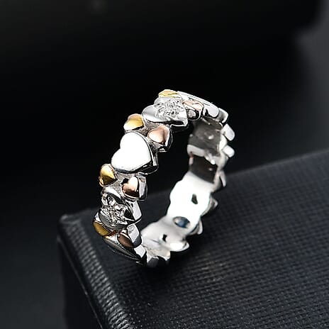 GP - Moissanite & Blue Sapphire Ring in 18K Vermeil Yellow & Rose Gold Plated Sterling Silver