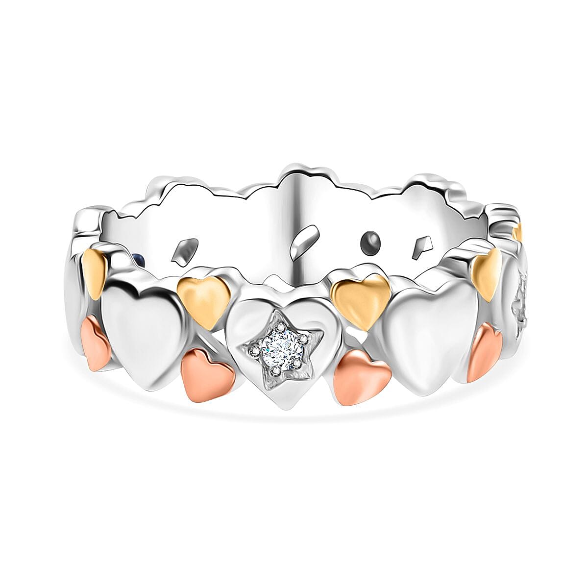 GP Collection - Moissanite and Blue Sapphire Heart Ring in 18K Vermeil Yellow and Rose Gold Plated Sterling Silver