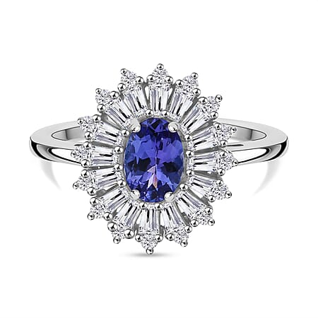 Tanzanite & Moissanite Ring in Rhodium Overlay Sterling Silver 1.24 Ct.