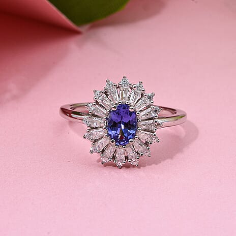 Tanzanite & Moissanite Ring in Rhodium Overlay Sterling Silver 1.24 Ct.