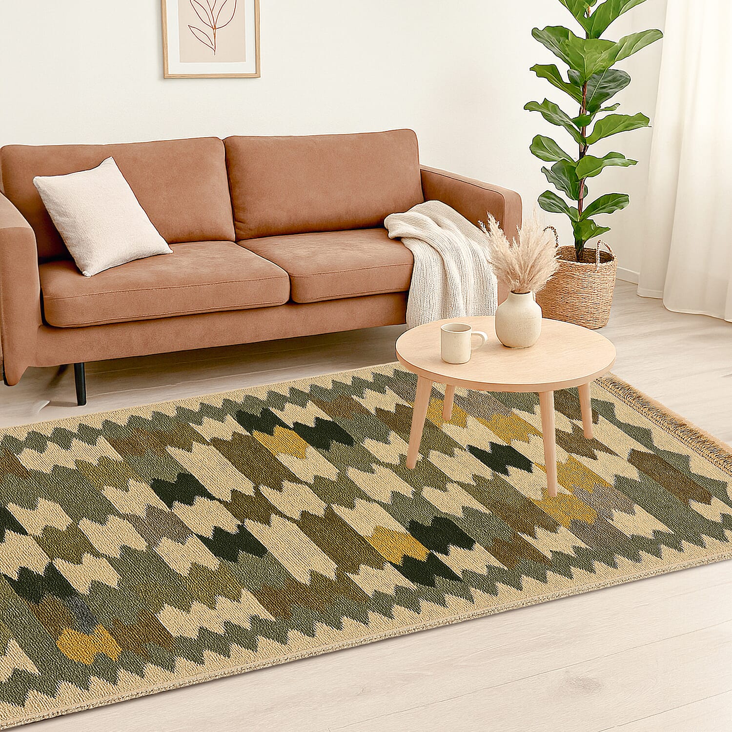 Turkish Kilim Patterned Rug - Size 80x125 cm - Green & Beige