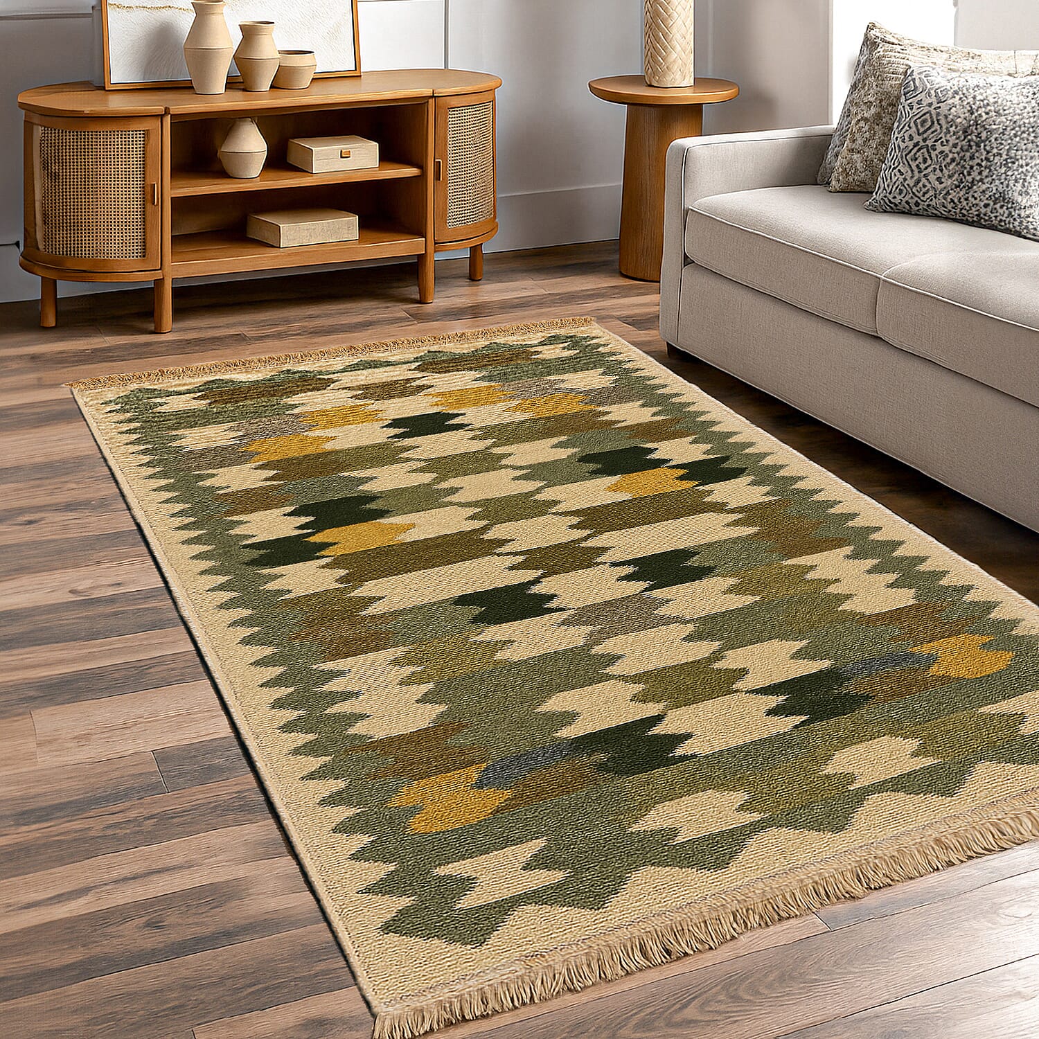 Turkish Kilim Patterned Rug - Size 80x125 cm - Green & Beige