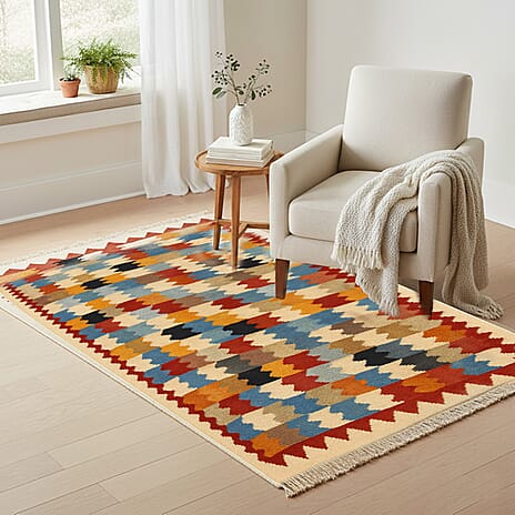 Turkish Kilim Patterned Rug - Size 80x125 cm - Red & Beige
