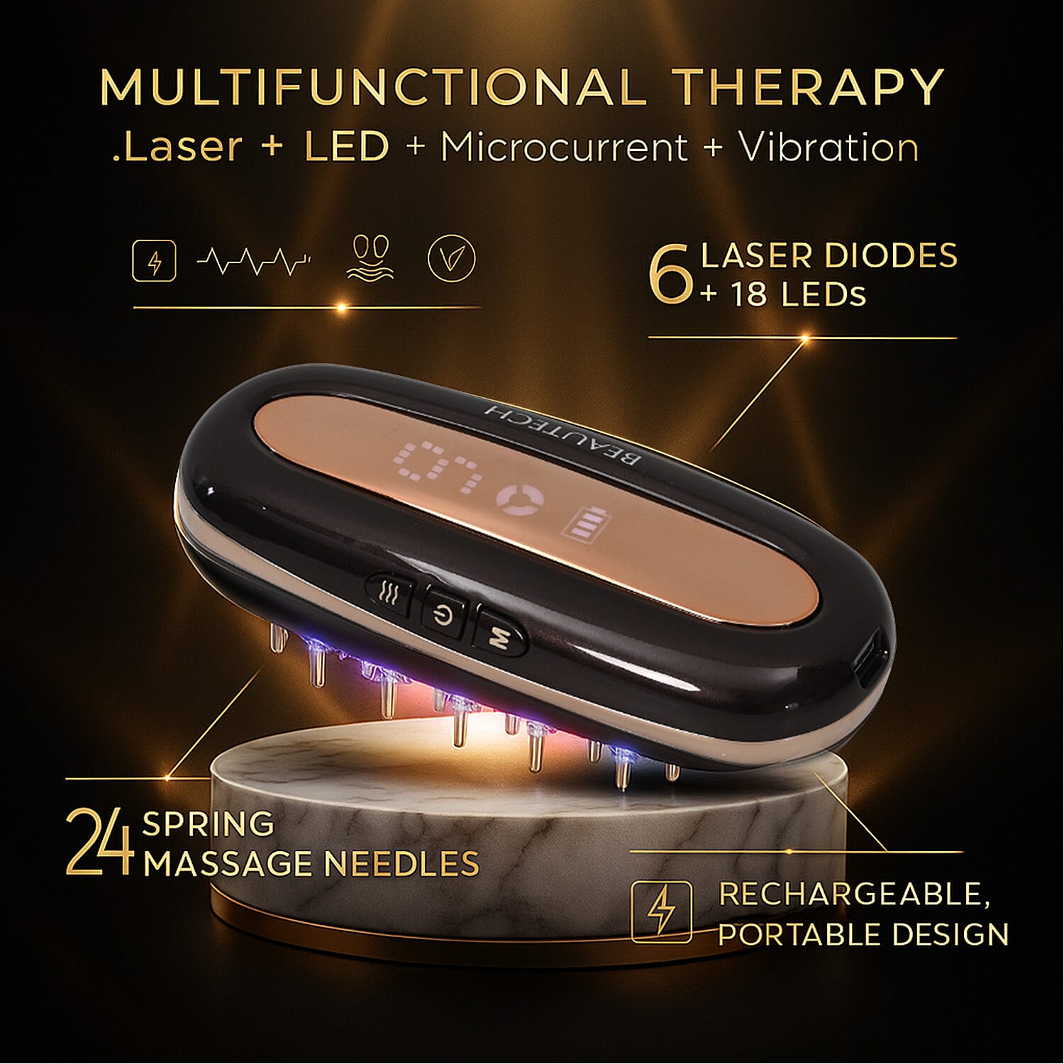 BEAUTECH- Multifunctional Scalp Hair Loss Treatment Comb - Laser, LED, Microcurrent & Vibration Therapy - Dark Brown