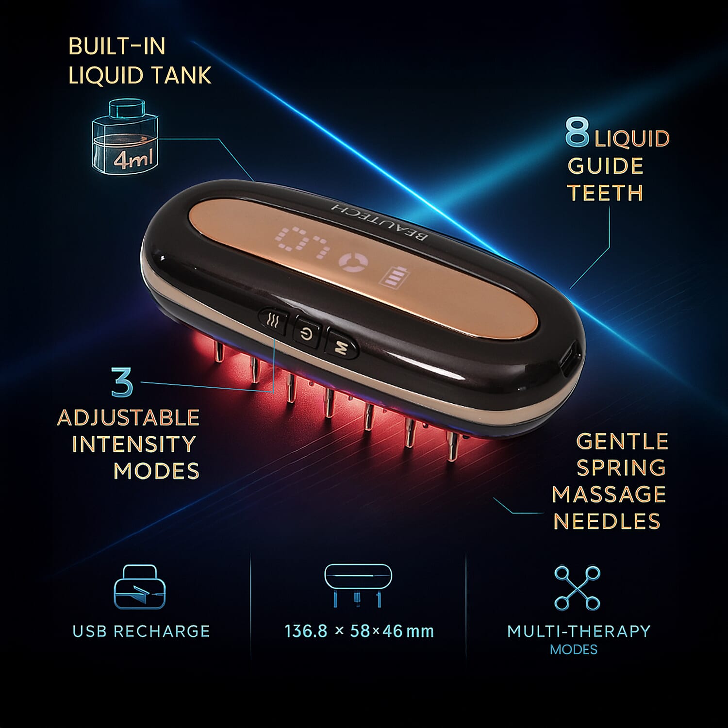 BEAUTECH- Multifunctional Scalp Hair Loss Treatment Comb - Laser, LED, Microcurrent & Vibration Therapy - Dark Brown