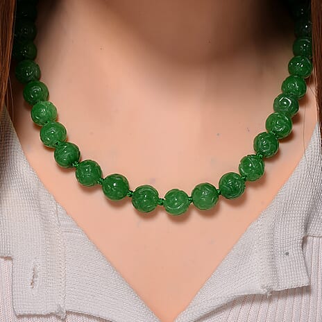 Enhanced Green Jade Carved Beads Necklace (Size - 20) with Magnetic Clasp in Rhodium Overlay Sterling Silver 500.00 Ct.