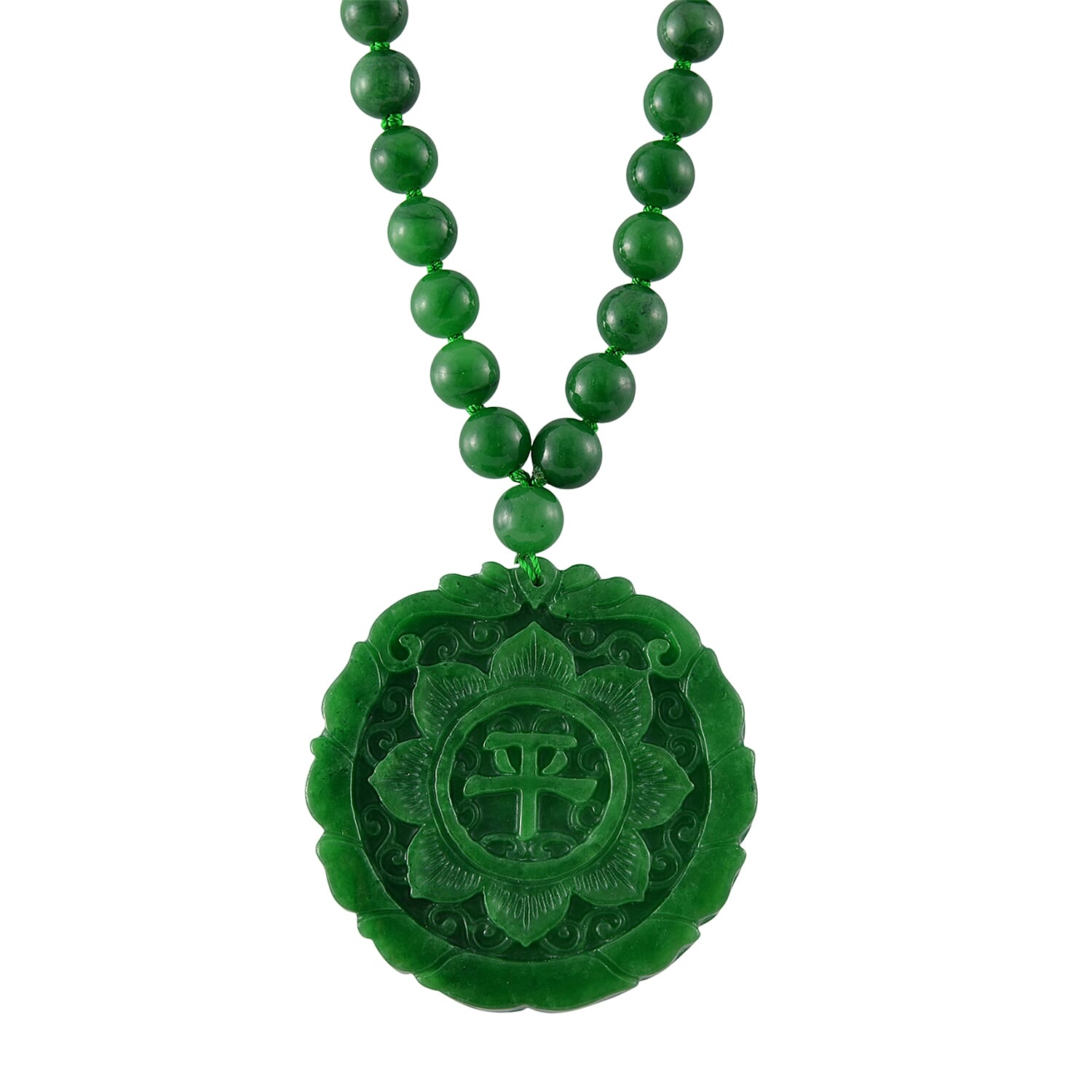 Green Jadeite Jade Necklace with Carved Pendant (Size - 20) with Magnetic Clasp in Rhodium Overlay Sterling Silver 397.00 Ct.