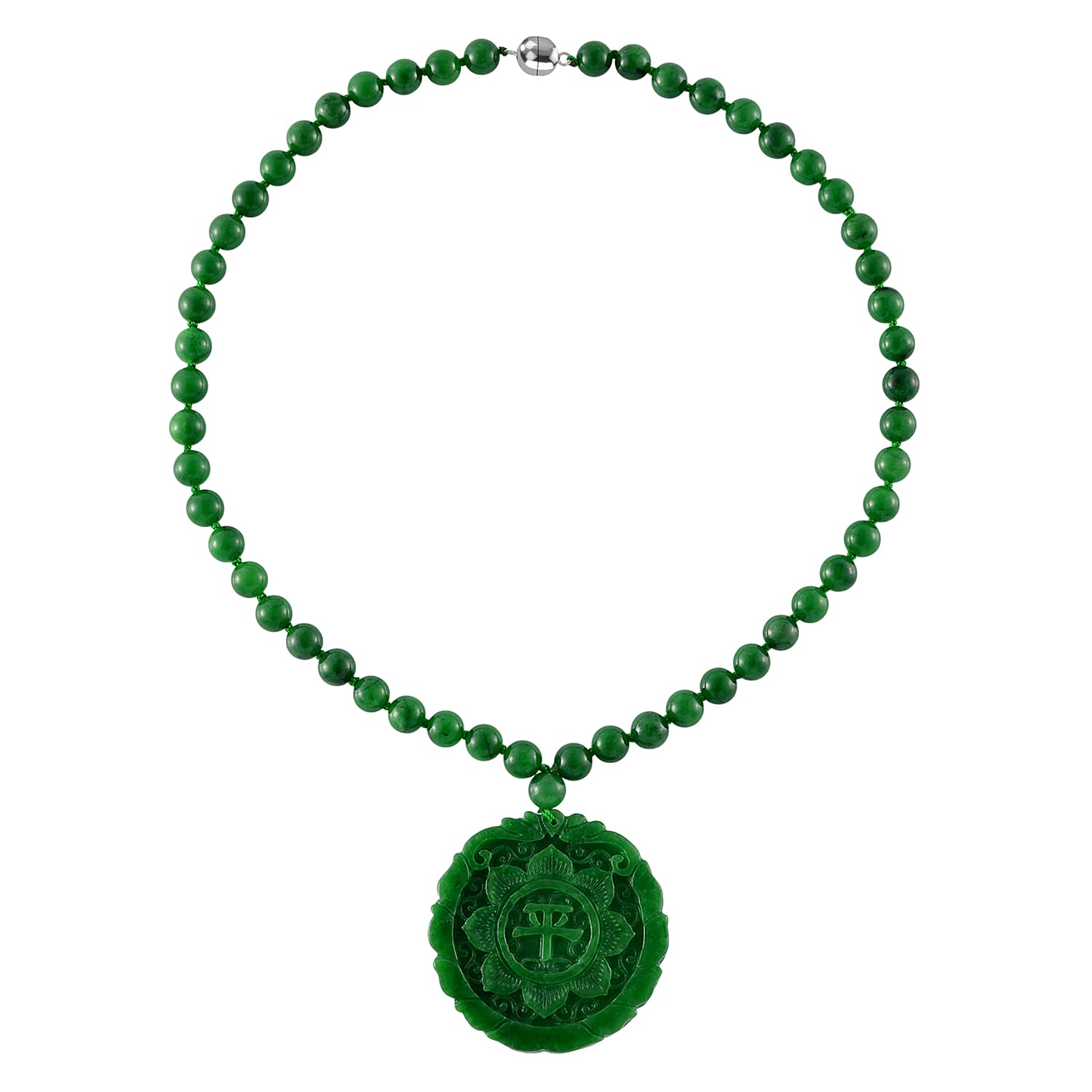 Green Jadeite Jade Necklace with Carved Pendant (Size - 20) with Magnetic Clasp in Rhodium Overlay Sterling Silver 397.00 Ct.