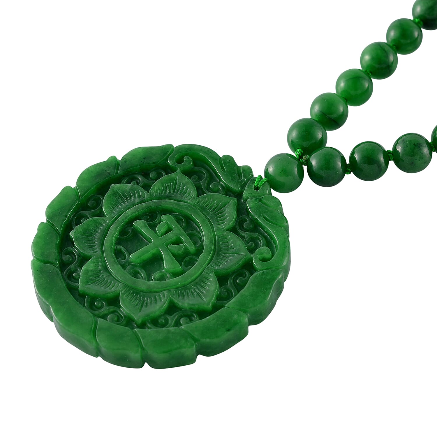 Green Jadeite Jade Necklace with Carved Pendant (Size - 20) with Magnetic Clasp in Rhodium Overlay Sterling Silver 397.00 Ct.