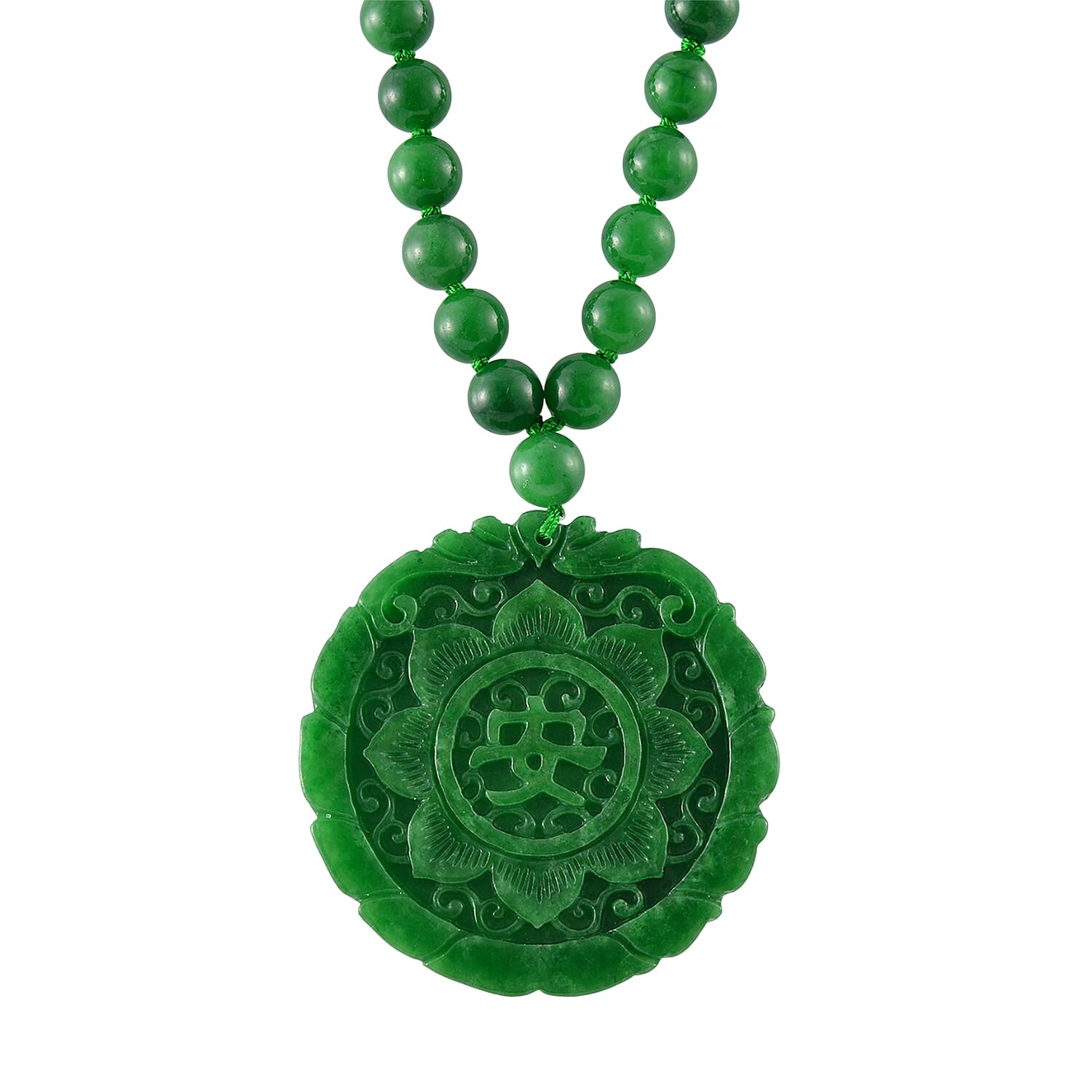 Green Jadeite Jade Necklace with Carved Pendant (Size - 20) with Magnetic Clasp in Rhodium Overlay Sterling Silver 397.00 Ct.