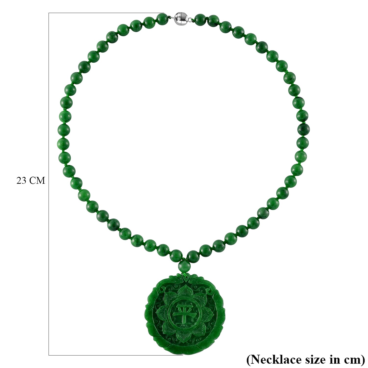 Green Jadeite Jade Necklace with Carved Pendant (Size - 20) with Magnetic Clasp in Rhodium Overlay Sterling Silver 397.00 Ct.