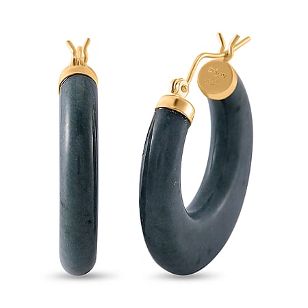 Natural Type A Jadeite Hoop Earrings with Clasp in Yellow Gold Plated Sterling Silver 62.00 Ct.