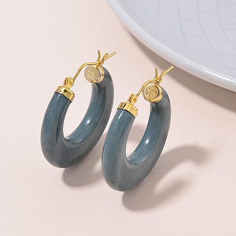 Natural Type A Jadeite Hoop Earrings with Clasp in Yellow Gold Plated Sterling Silver 62.00 Ct.